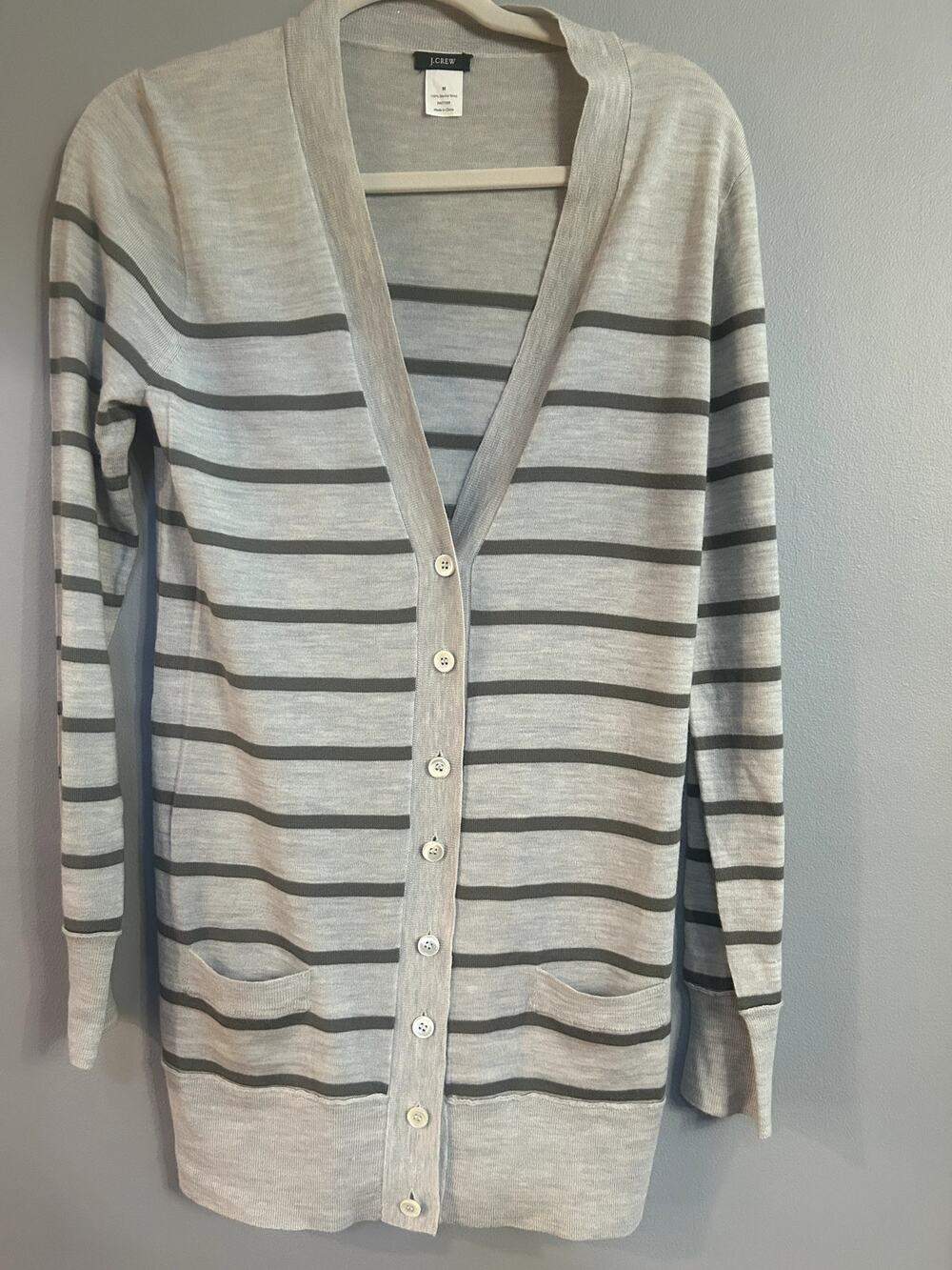 J.Crew Merino Wool L Striped long button Cardigan tunic Y2K Minimalist Preppy
